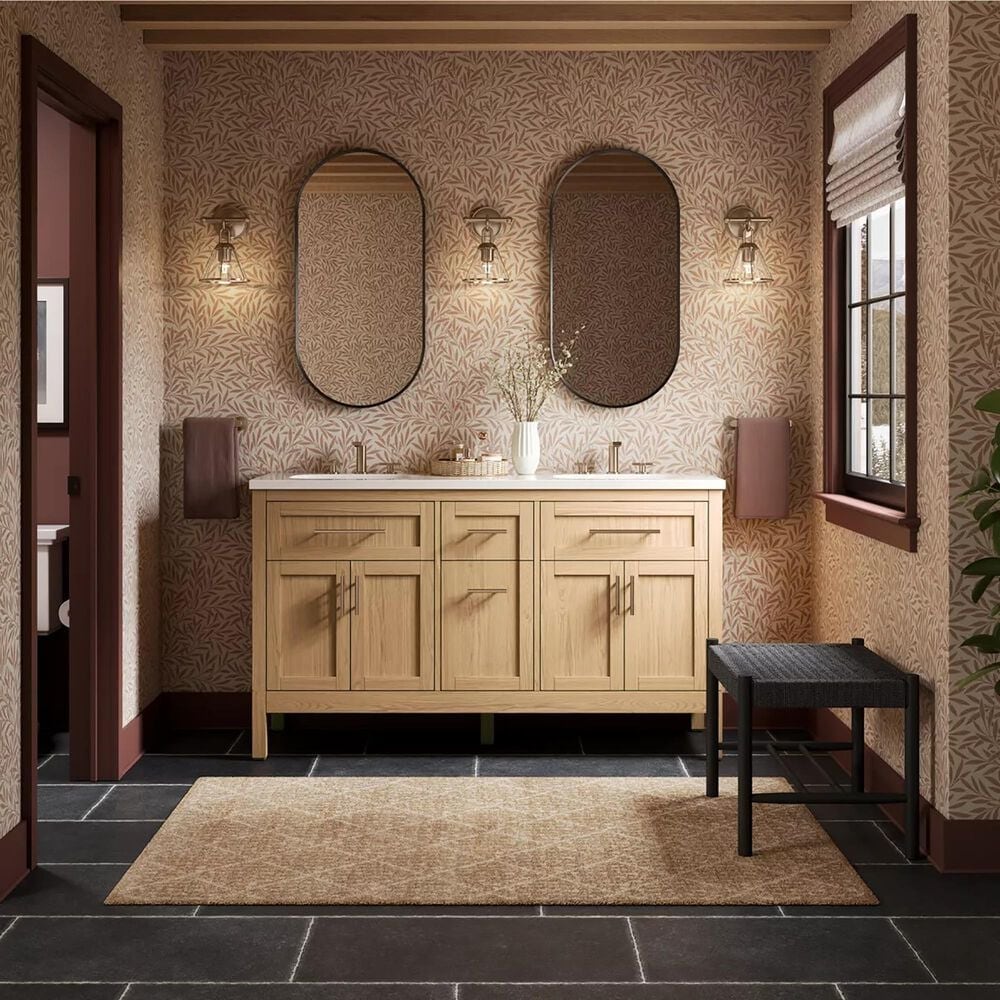 Kohler Hadron 60" Double Bathroom Vanity in Light Oak with 3 cm Bianco Bella Quartz Top and Oval Sinks, , large