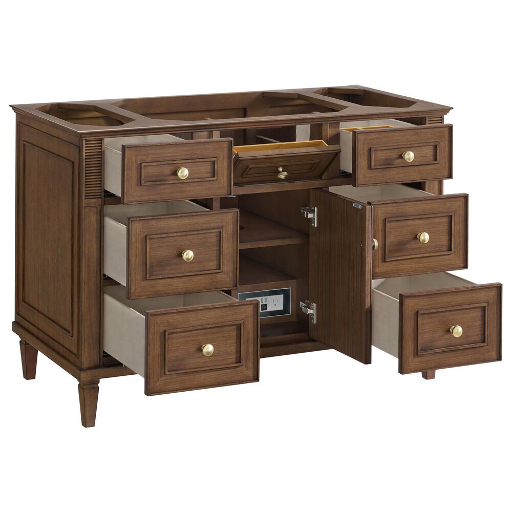 James Martin Vanities Lorelai 48" Single Bathroom Vanity in Mid-Century Walnut with 3 cm Eternal Jasmine Pearl Silestone Top, Rectangular Sink and FreePower Wireless Charger, , large