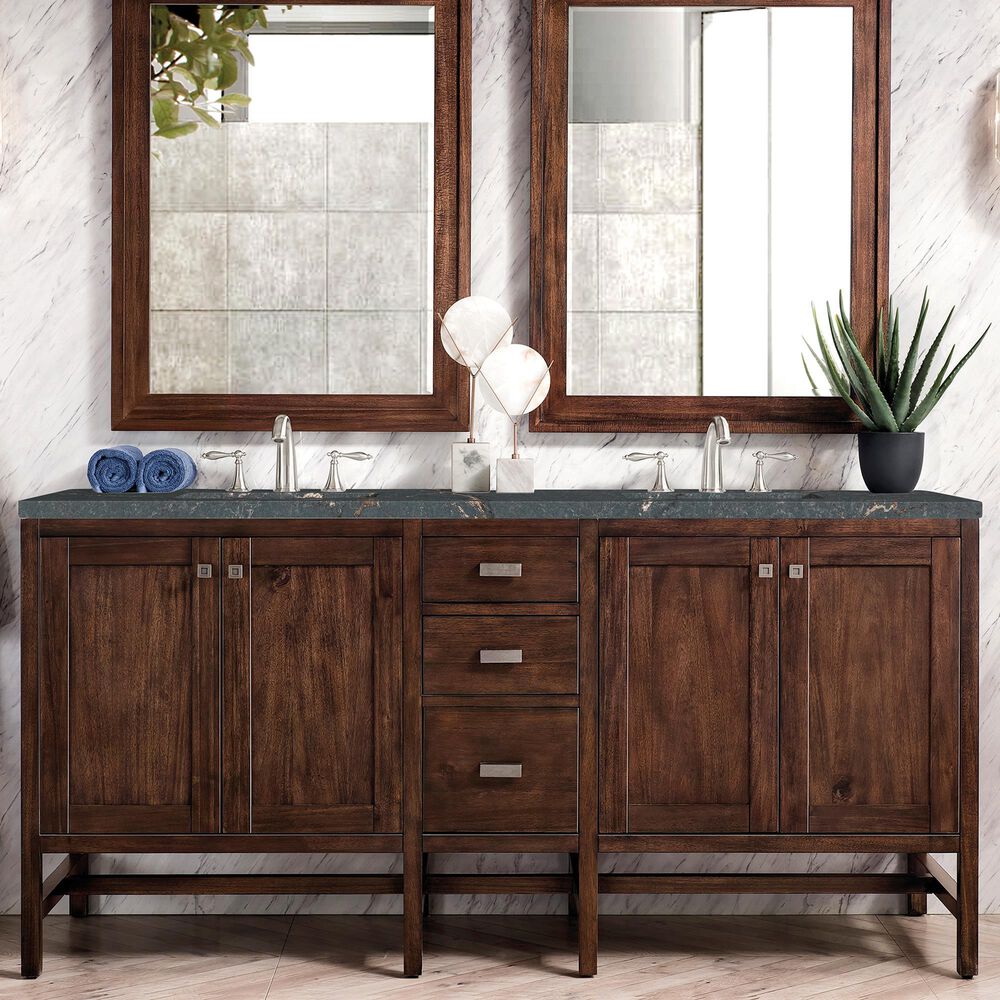 James Martin Vanities Addison 72&quot; Double Bathroom Vanity in Mid-Century Acacia with 3 cm Parisien Bleu Quartz Top and Rectangular Sinks, , large