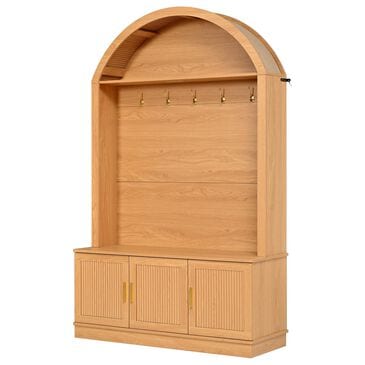 HOMLUX Farmhouse Fabric Arched Top Hall Tree with 5 Metal Hooks and Adjustable Shelves in Natural, , large
