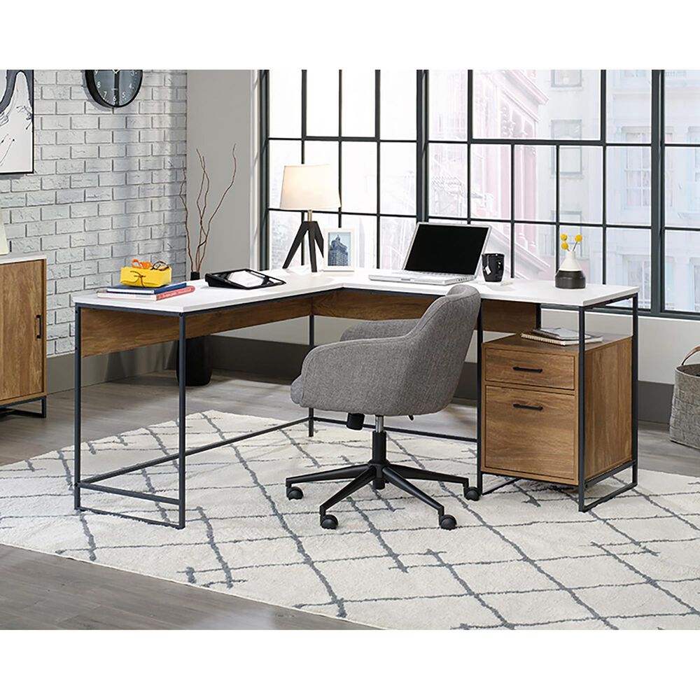 Sauder Tremont Row L-Shaped Desk in Sindoori Mango and White, , large