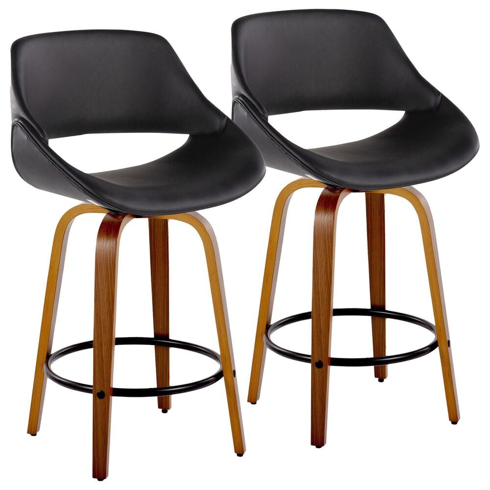 LumiSource Fabrico 26" Swivel Fixed-Height Counter Stool with Black Faux Leather Upholstery in Black and Walnut (Set of 2), , large