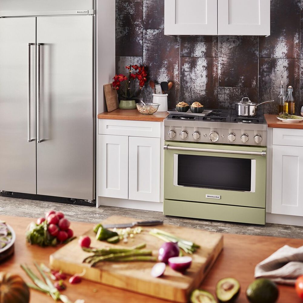 KitchenAid 5.1 Cu. Ft. Freestanding Dual Fuel Range with True Convection in Avocado Cream, , large