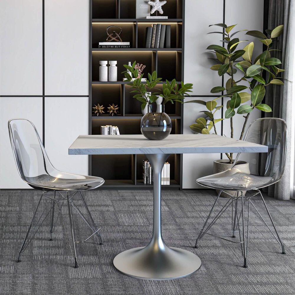 Leisuremod LeisureMod Verve Collection 36 Square Dining Table, Brushed Base with Laminated White Marbleized Top, , large