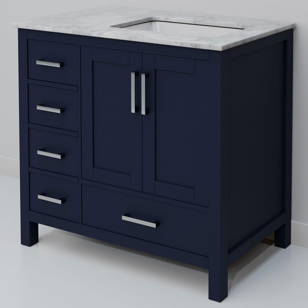 Lexora Home Jacques 36" Right Offset Single Bathroom Vanity in Navy Blue with 2 cm White Carrara Marble Top and Rectangular Sink, , large