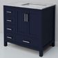 Lexora Home Jacques 36" Right Offset Single Bathroom Vanity in Navy Blue with 2 cm White Carrara Marble Top and Rectangular Sink, , large