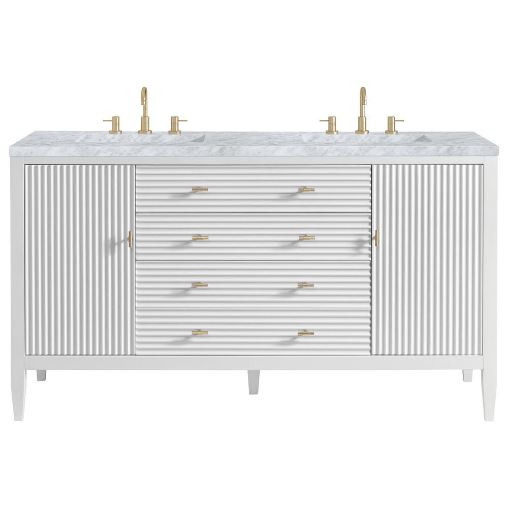 James Martin Vanities Myrrin 60&quot; Double Vanity in Bright White with 3 cm Carrara White Marble Top, , large