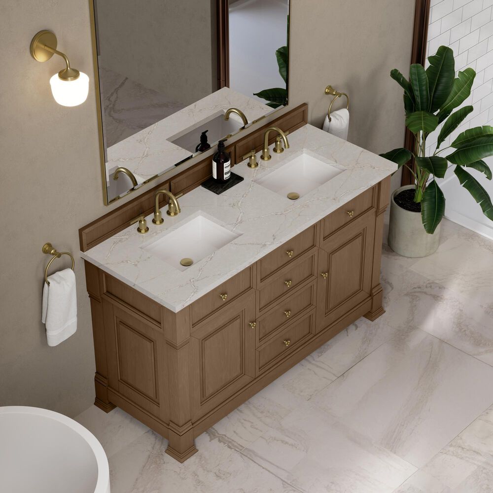 James Martin Vanities Brookfield 60" Double Bathroom Vanity in Pecan with 3 cm Eternal Jasmine Pearl Silestone Top, Rectangular Sinks and FreePower Wireless Charger, , large