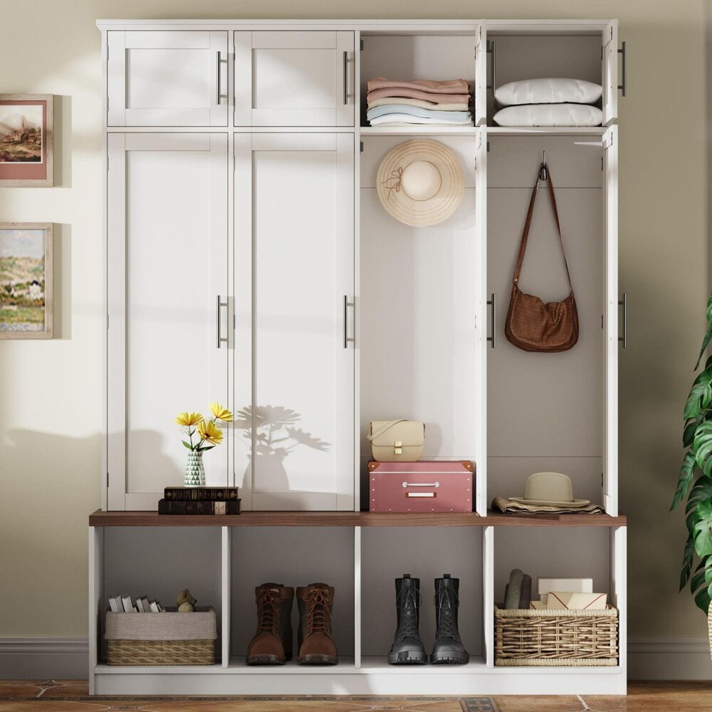 HOMLUX 4-Hook Hall Tree with 8-Door in White and Walnut, , large