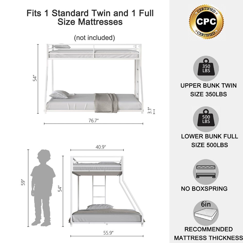 Hearth and Haven Adam Twin over Full Bunk Bed in White, , large