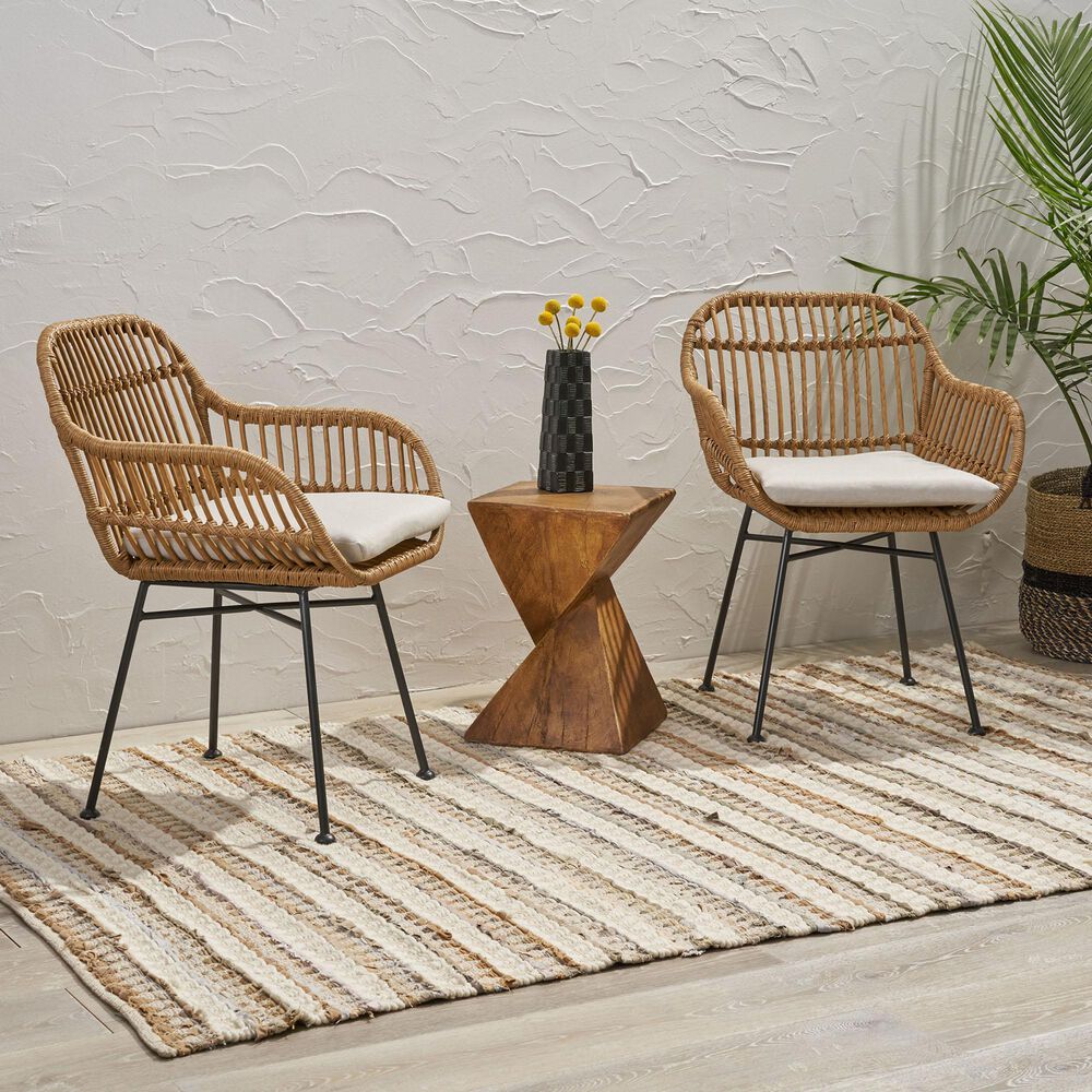 Hearth and Haven Rodney Outdoor Chair with Beige Cushion in Brown &#40;Set of 2&#41;, , large