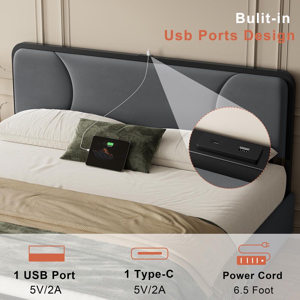 HOMLUX King Upholstered Platform Bed Frame in Gray, , large