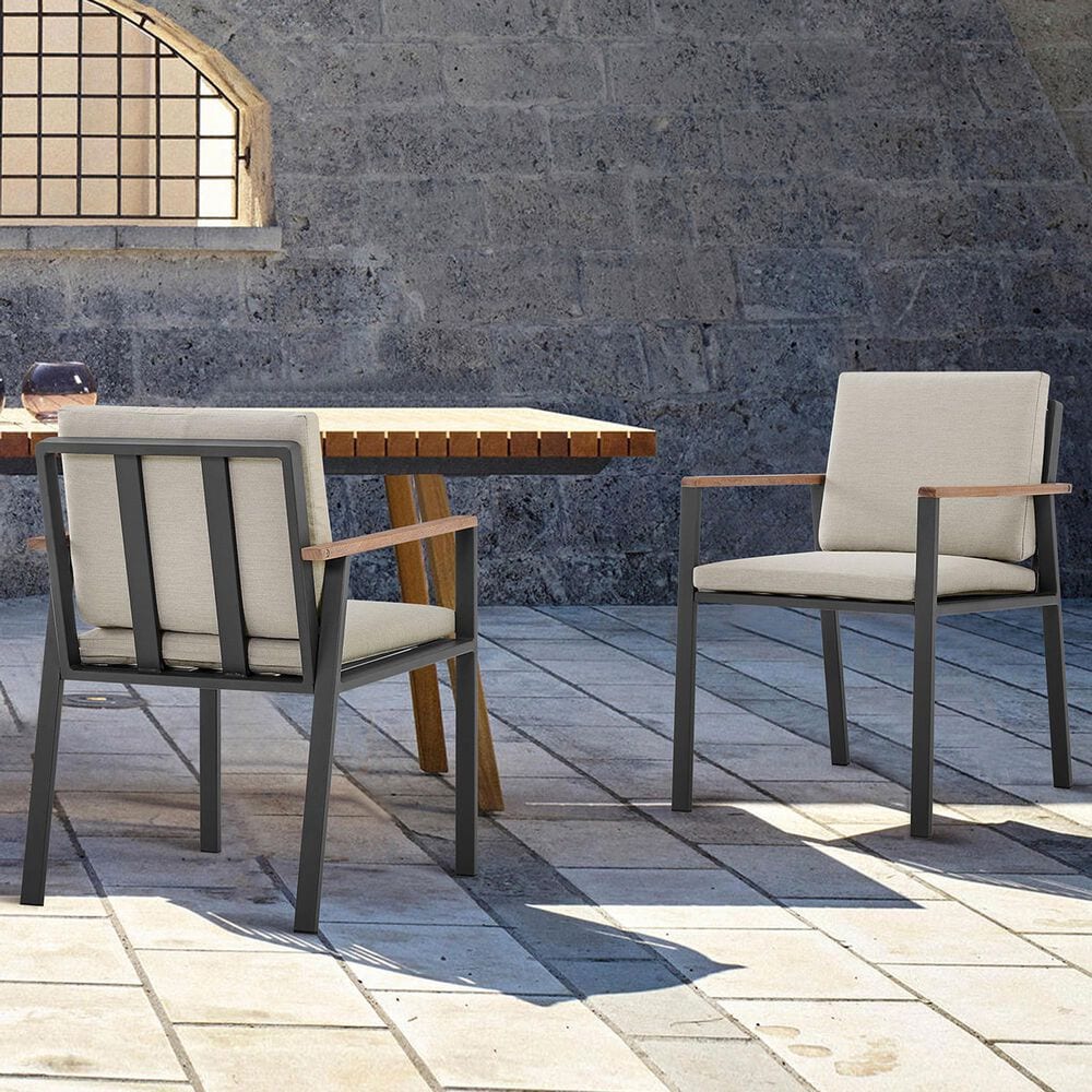 Armen Living Nofi Outdoor Dining Chair with Taupe Cushion in Charcoal and Teak &#40;Set of 2&#41;, , large