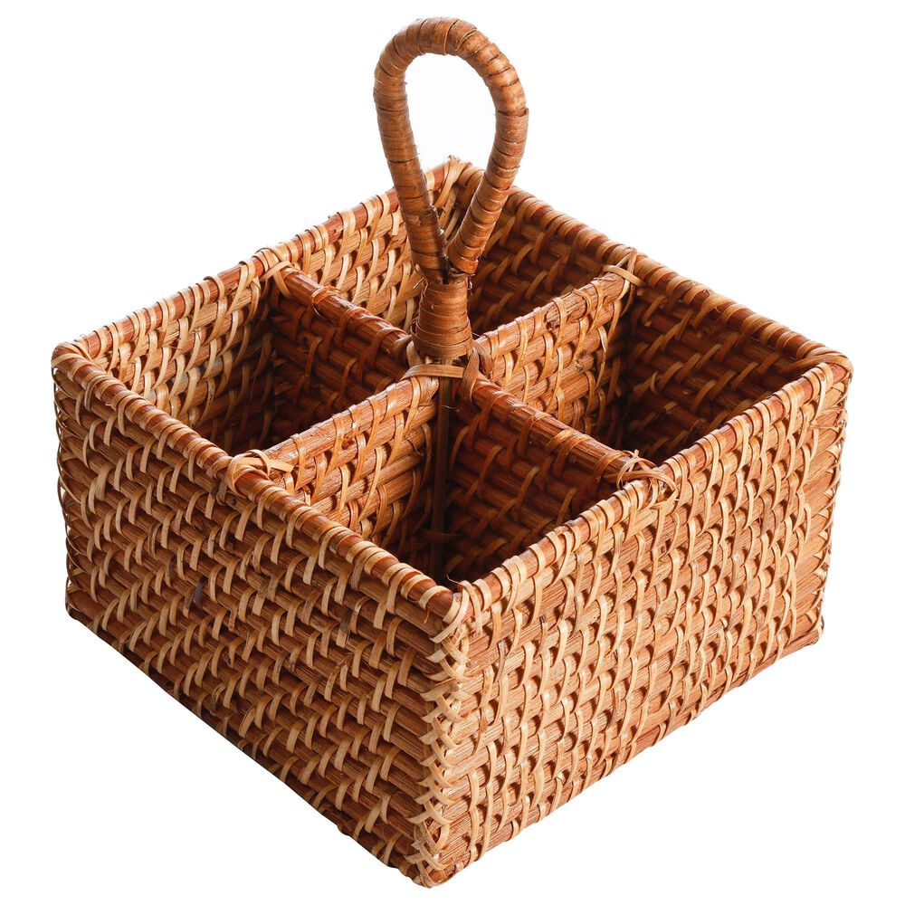 Gibson Elite Seawell Square Rattan Flatware Caddy with Handle in Light Brown, , large