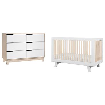 Babyletto Hudson Crib and 6 Drawer Double Dresser Set in Washed Natural and White, , large