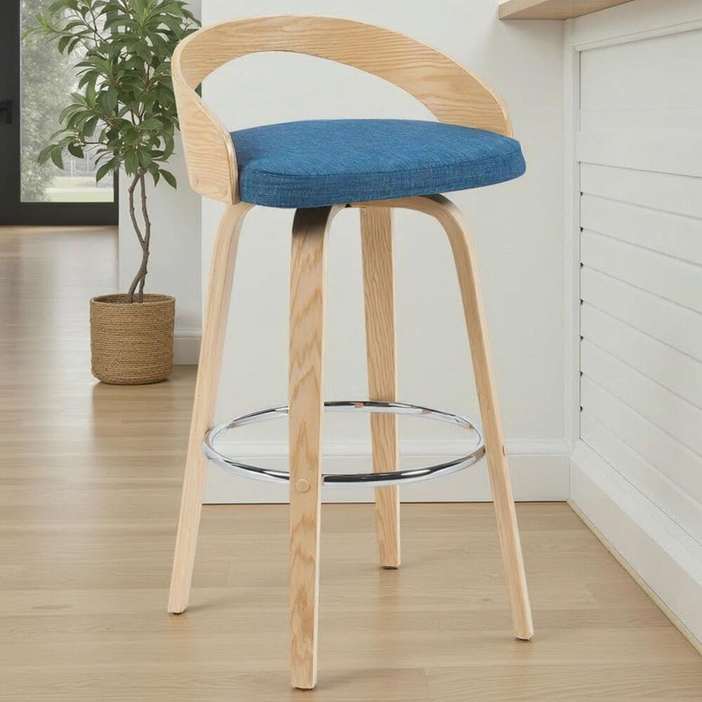 Armen Living Sonia Swivel Bar Height Stool with Blue Upholstery in Oak, , large