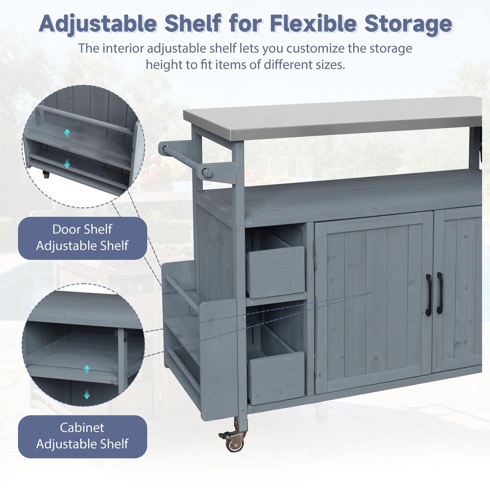 HOMLUX Farmhouse Rolling Outdoor Kitchen Cart with Stainless Steel Top in Blue Gray, , large