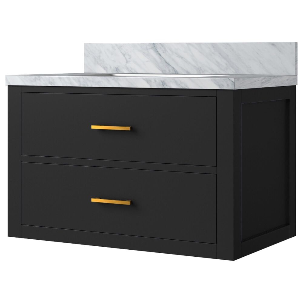 Lexora Home Castor 30" Single Bathroom Vanity in Black with 2 cm White Carrara Marble Top and Rectangular Sink, , large