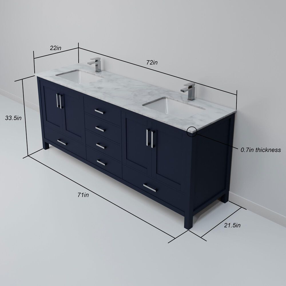 Lexora Home Jacques 72&quot; Double Bathroom Vanity in Navy Blue with 2 cm White Carrara Marble Top and Rectangular Sinks, , large