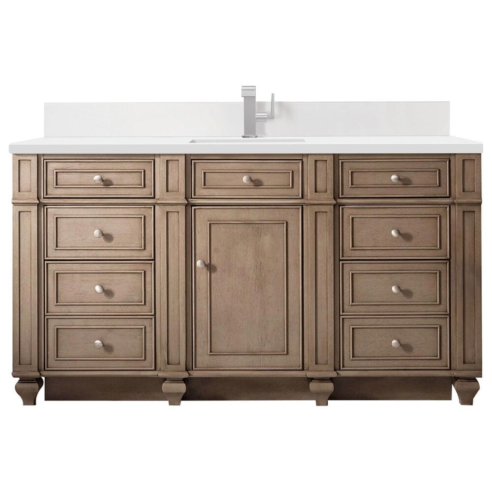 James Martin Vanities Bristol 60" Single Bathroom Vanity in Whitewashed Walnut with Single Hole 3 cm White Zeus Quartz Top and Rectangular Sink, , large