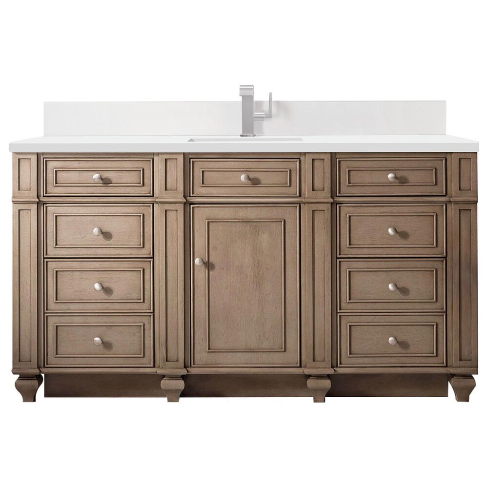 James Martin Vanities Bristol 60" Single Bathroom Vanity in Whitewashed Walnut with Single Hole 3 cm White Zeus Quartz Top and Rectangular Sink, , large
