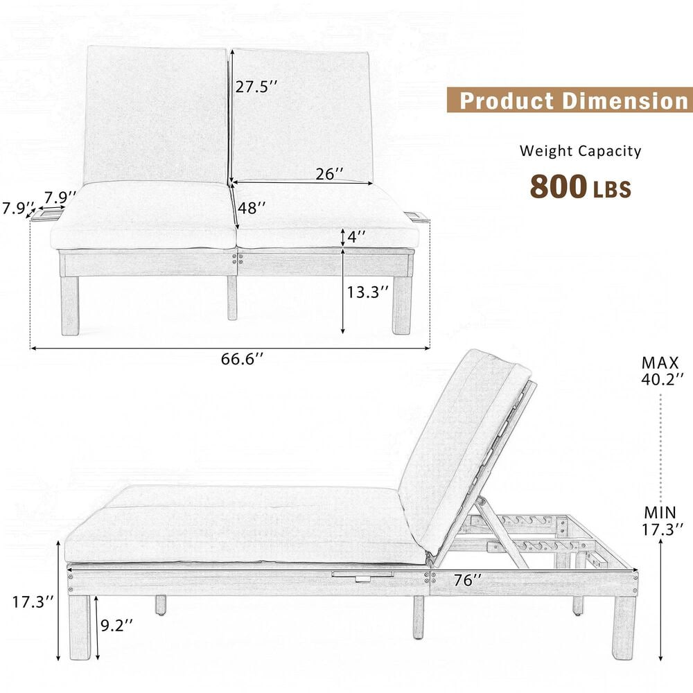 HOMLUX Patio 2-Person Chaise Lounge with Folding Side Tables and Light Teak Frame in Beige, , large