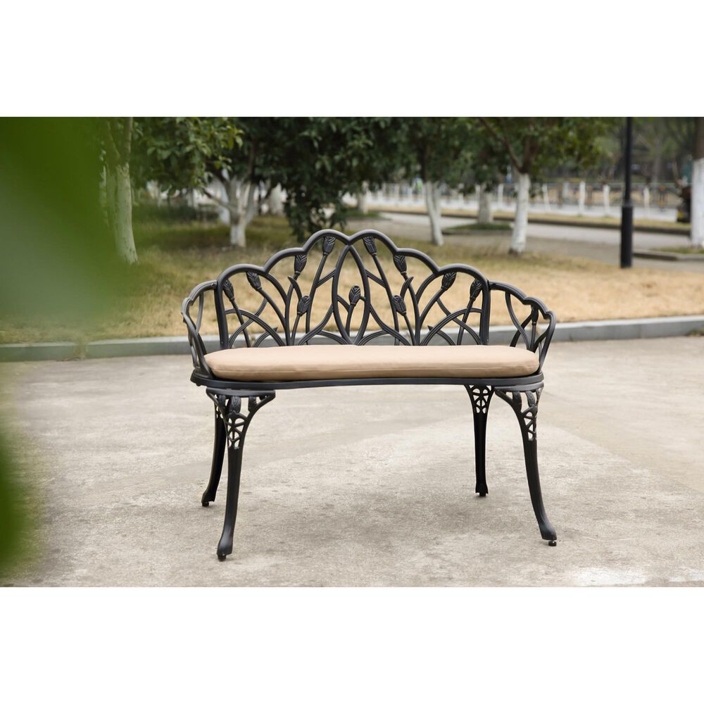 Hearth and Haven Outdoor Tulip Garden Bench with Brown Cushion in Black, , large