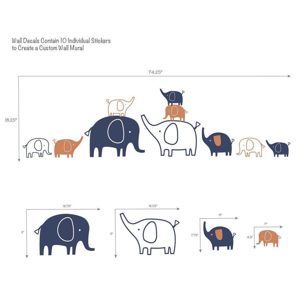 Lambs and Ivy Playful Elephant Wall Decals in Indigo Blue,White and Caramel, , large