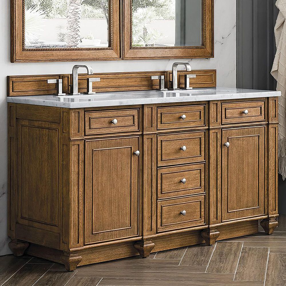 James Martin Vanities Bristol 60&quot; Double Bathroom Vanity in Saddle Brown with 3 cm Carrara White Marble Top and Rectangular Sinks, , large