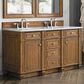James Martin Vanities Bristol 60" Double Bathroom Vanity in Saddle Brown with 3 cm Carrara White Marble Top and Rectangular Sinks, , large