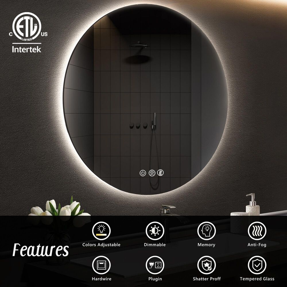 HOMLUX 36" Round Frameless LED Backlit Bathroom Vanity Mirror in Silver, , large
