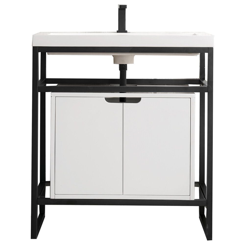 James Martin Vanities Boston 31.5" Single White Door Bathroom Vanity in Matte Black with 3 cm White Glossy Resin Countertop and Rectangular Sink, , large