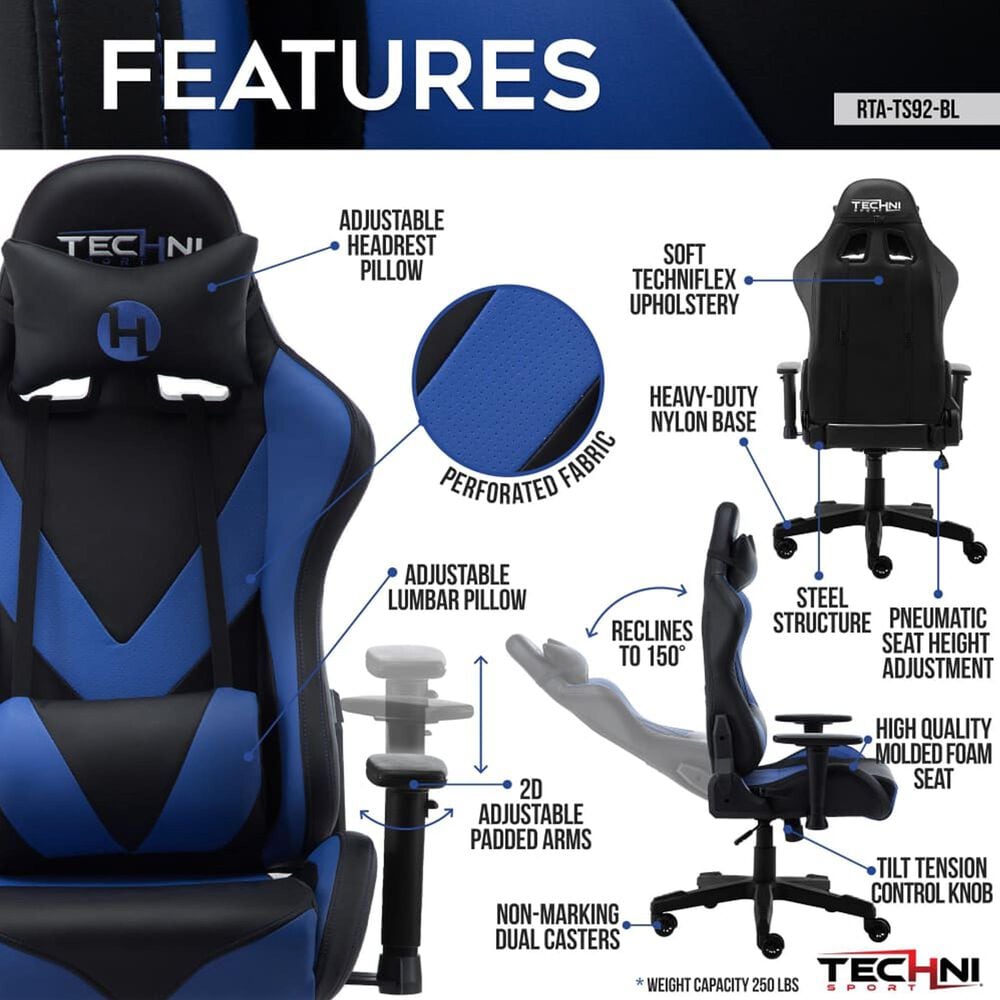 Techni Sport ProGamer2 Gaming Chair in Blue and Black, , large