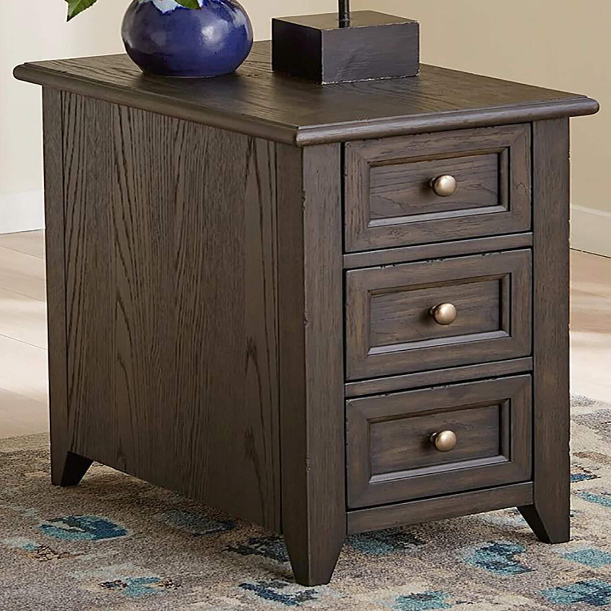 Chair side new arrivals table with drawers