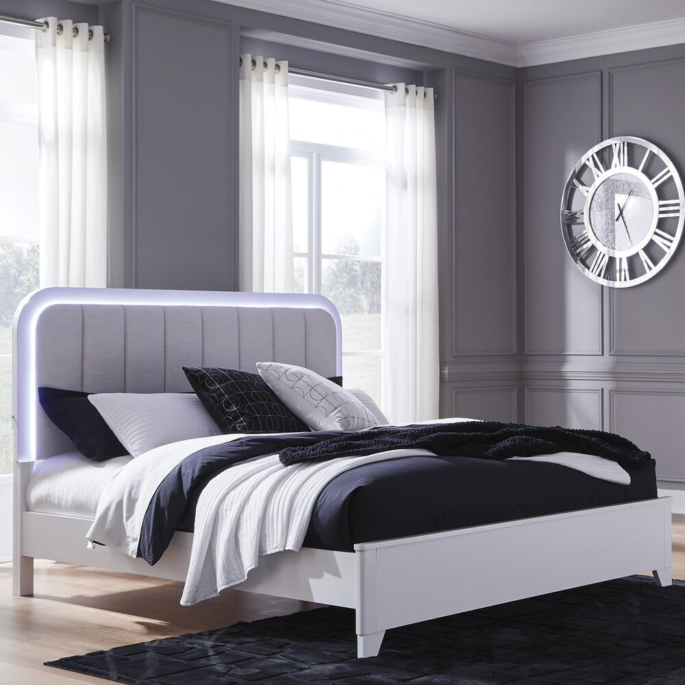 Ashley Jarlee Queen Upholstered Platform Bed in White with Lighting, , large
