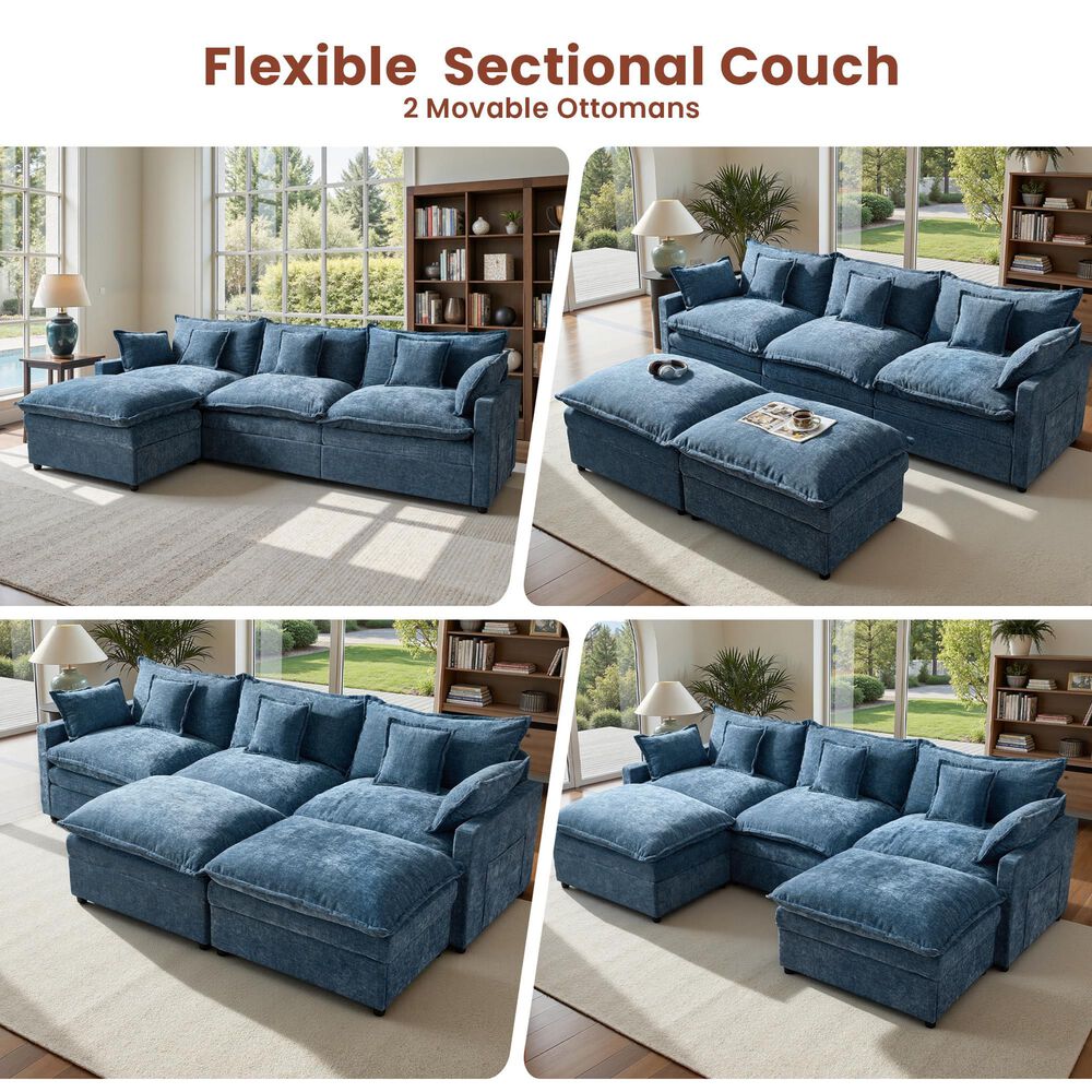 HOMLUX 107.87" Ultra-Comfort Chenille Sectional Sofa Set in Blue, , large