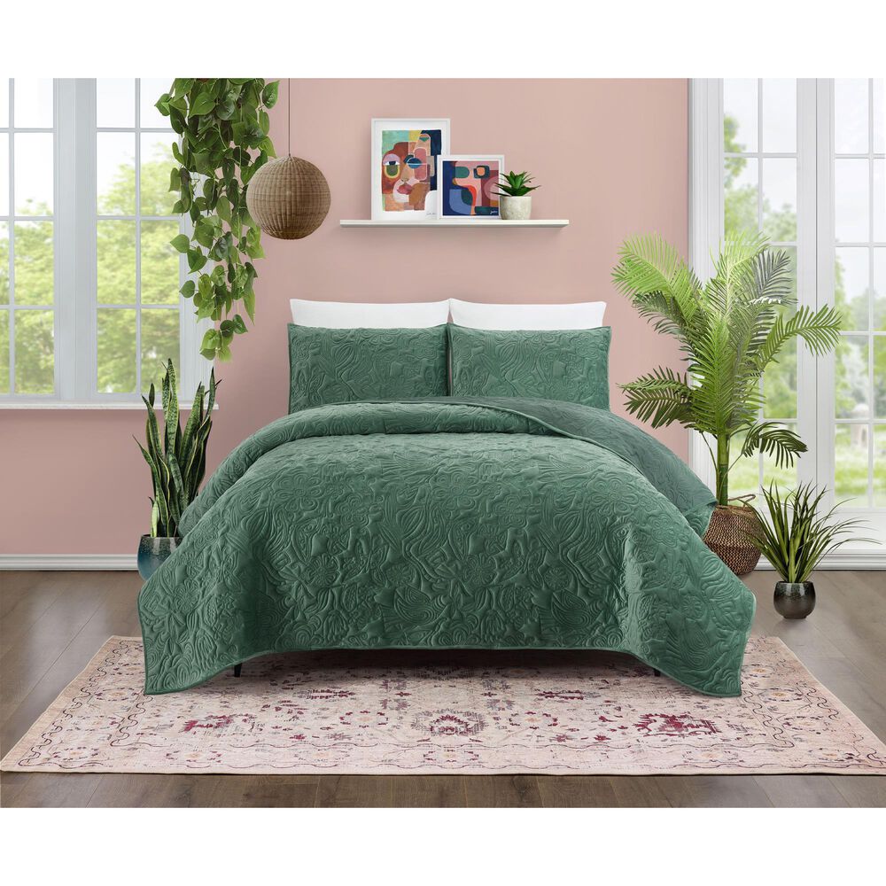 Peking Handicraft Secret Garden 3-Piece Full/Queen Quilt Set in Emerald Green, , large