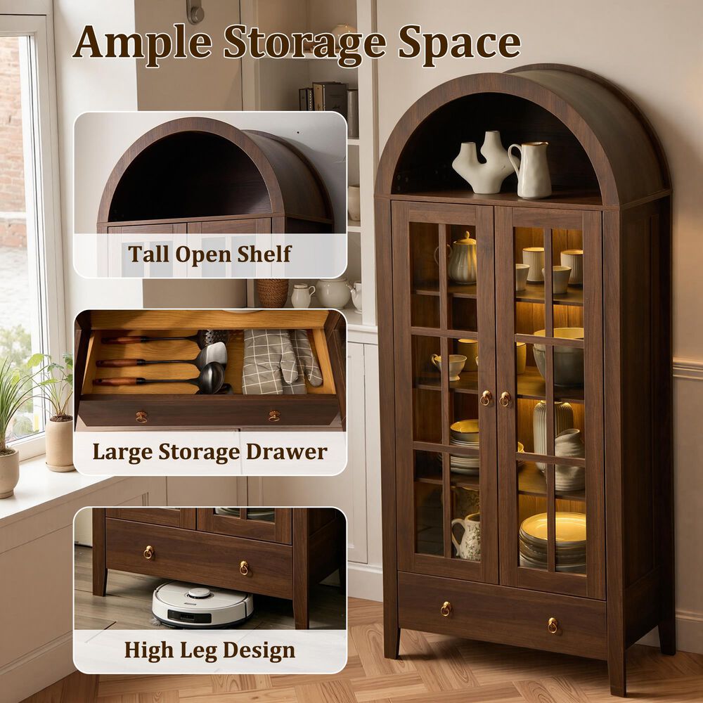 HOMLUX 71" Arched Curved Storage Cabinet in Walnut, , large