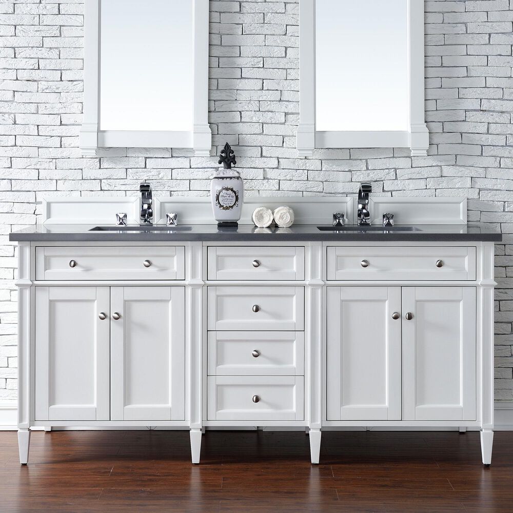 James Martin Vanities Brittany 72&quot; Double Bathroom Vanity in Bright White with 3 cm Charcoal Soapstone Quartz Top and Rectangle Sinks, , large