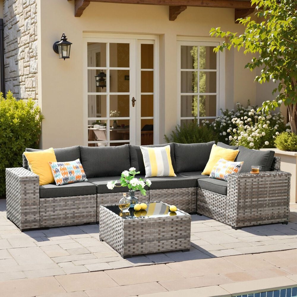 HOMLUX 6-Piece Outdoor Wicker Sectional Patio Furniture Set in Black, , large