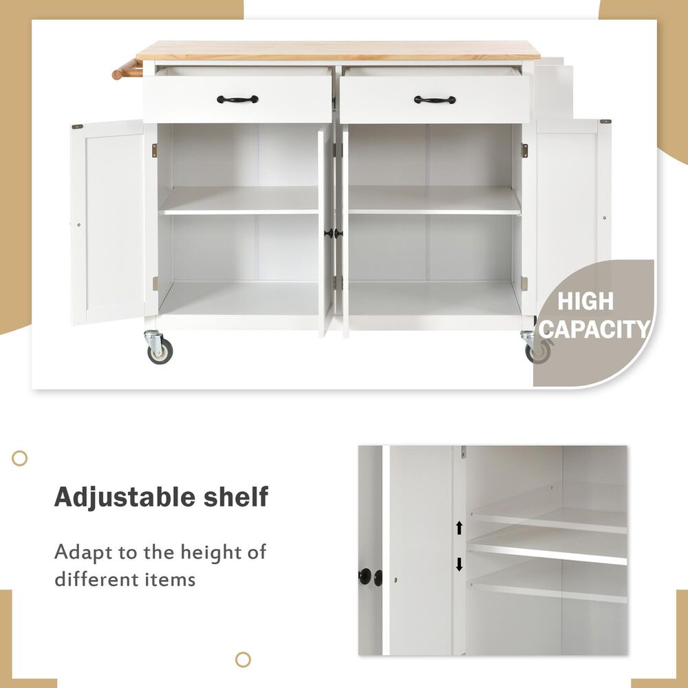HOMLUX 54" Kitchen Island Cart with Solid Wood Top and Locking Wheels in White, , large