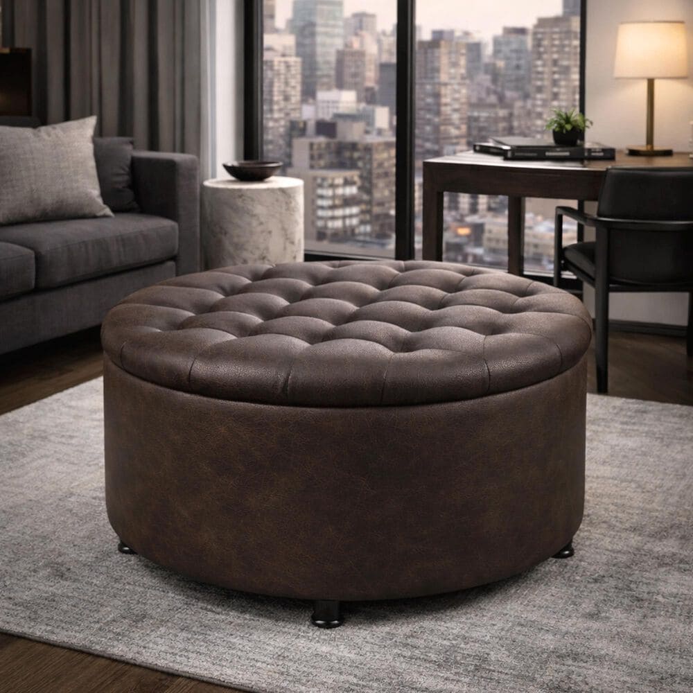 Regency Global Sourcing Knight 28" Round Storage Ottoman in Brown Faux Leather, , large