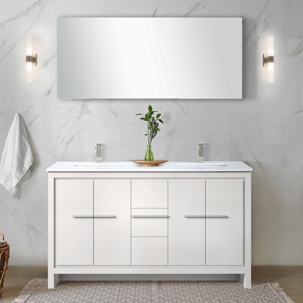 Lexora Home Lafarre 60&quot; Double Bathroom Vanity in Rustic Acacia with 2 cm White Cultured Marble Top, Rectangular Sinks and 55&quot; Mirror, , large