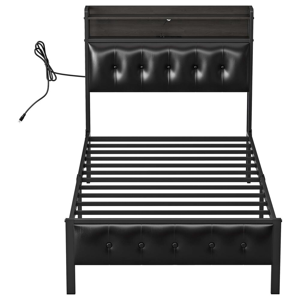 HOMLUX Twin Upholstered Bookcase Bed with LED Headboard with Charging Station in Black, , large