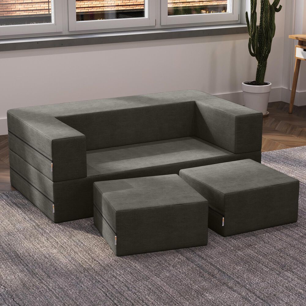 Jaxx Zipline 3-Piece Stationary Convertible Sleeper Loveseat in Charcoal Velvet, , large