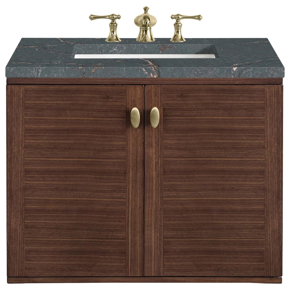 James Martin Vanities Amberly 30&quot; Single Bathroom Vanity in Mid-Century Walnut with 3 cm Parisien Bleu Quartz Top and Rectangular Sink, , large