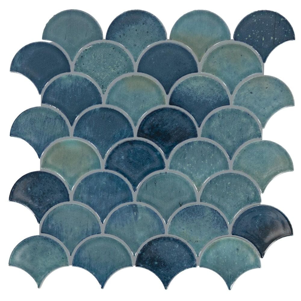 Dal-Tile Miramo Aqua 3" Fan Undulated on 13.25" x 12.75" Ceramic Mosaic Sheet, , large