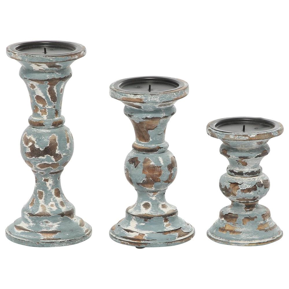 Maple and Jade Candle Holder in Light Blue Distressed and Brown (Set of 3), , large