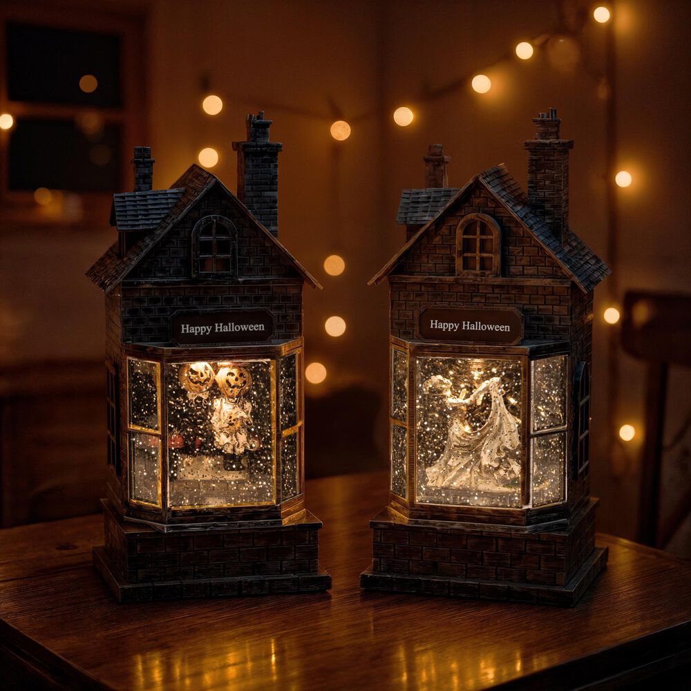 The Gerson Company 2-Piece Spinning Water Globe Halloween House Set, , large