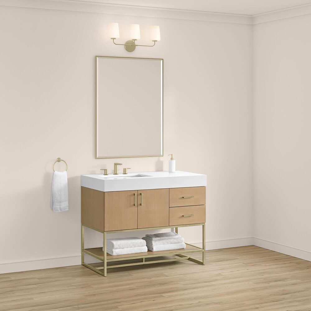 37B Mauri 42" Single Bathroom Vanity with Metal Base in Warm Oak with High-Profile 4" White Composite Stone Top, , large